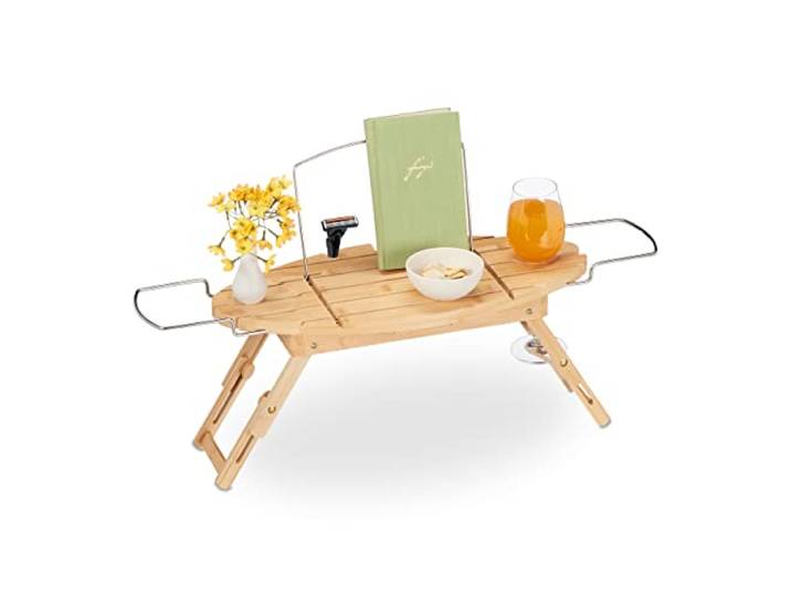 Relaxdays badplank bamboe & metaal, uitschuifbaar, 69-90 cm, boekensteun, wijnglashouder, badrek met poten, natuur