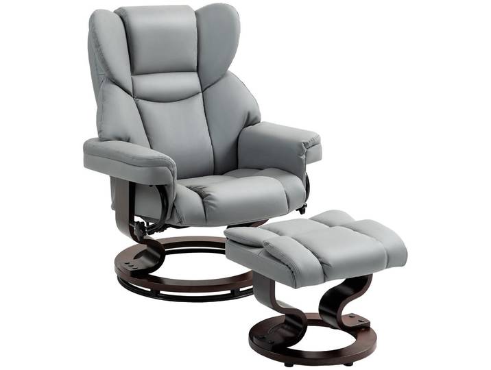Homcom Relaxsessel mit Fußhocker PU-Leder Hellgrau, Metall, Füllung: Schaumstoff, einzeln stellbar, Sockel, 79x100x80 cm, Wohnzimmer, Sessel, Relaxsessel