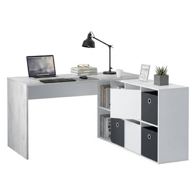 Dmora Schreibtisch Vallejo, Umschaltbarer Multipositions-Schreibtisch, Arbeits- oder Bürotisch für PC mit Regal, 136x139h74 cm, Weiß und Zement