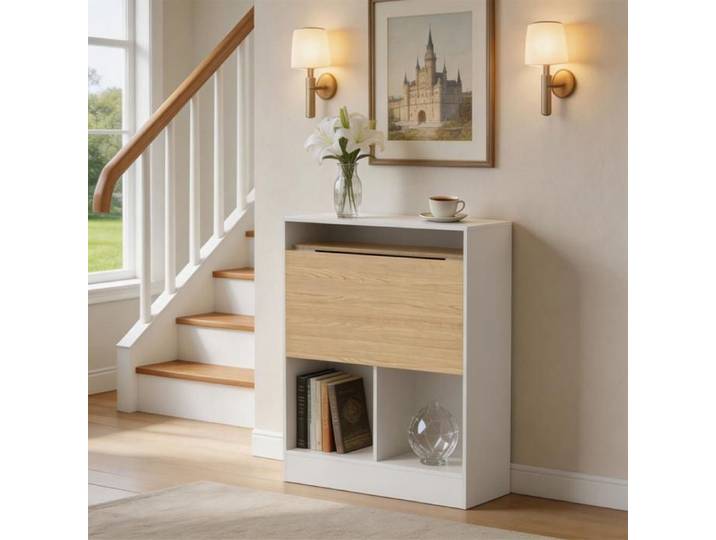 HOMEWELL. Table Pliante Avec Compartiment De Rangement Dissimulé Sous Le Plateau 70 X 25 X 85 CM Blanc