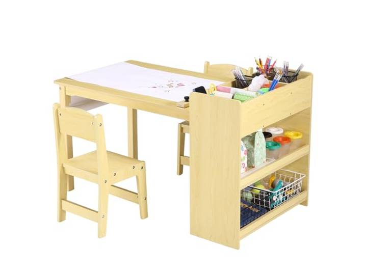 GarveeHome Kindertisch mit 2 Stühlen, Maltisch Basteltisch, Kinderschreibtisch mit Stauraum, Gelb, 106,7 x 58,5 x 63,5 cm für Kinderzimmer & Spielzimmer