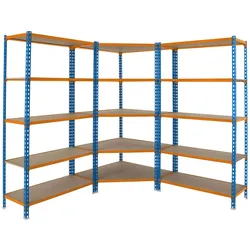 SimonRack Maderclick Eckregal aus Metall ohne Schrauben, 5 Böden + 2 Maderclick-Regale. Farbe BLAU/ORANGE/HOLZ 1800x1800x500 mm