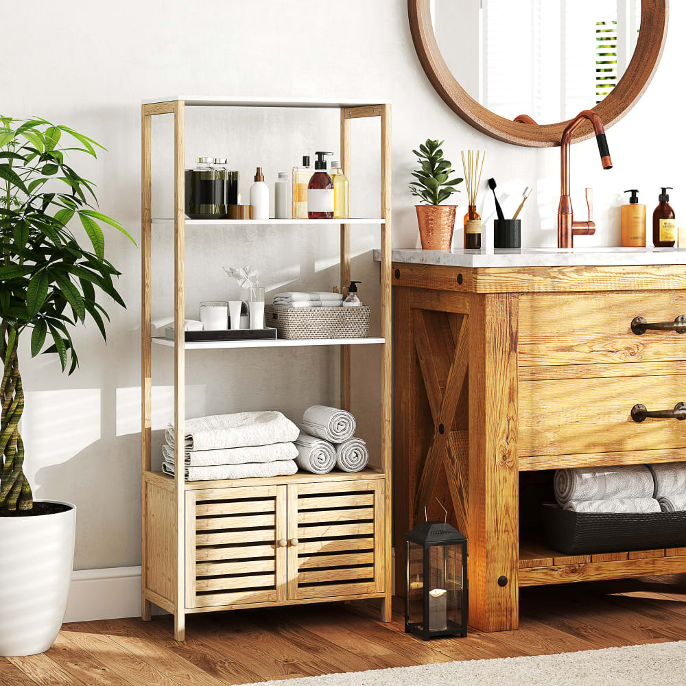 Homcom Armoire de rangement haute 3 étagères bambou naturel & blanc Multicolore 63x138x30cm