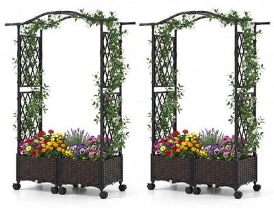 Costway 5 FT Tall Raised Garden bed with Lockable Wheels and Hanging Roof for Climbing Flowers-Brown