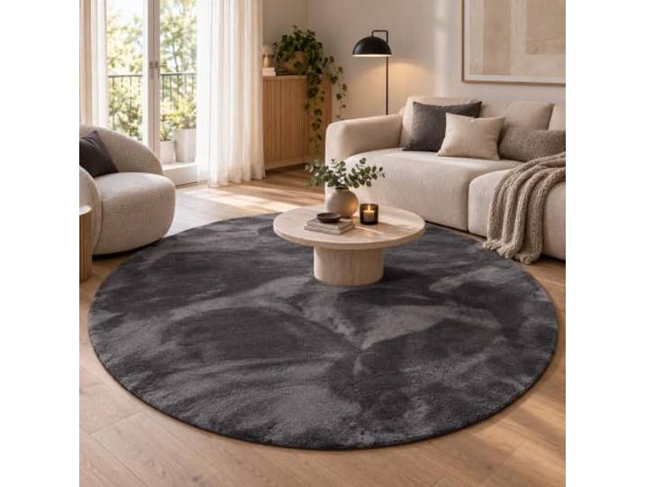 Pergamon Luxus Fellteppich Pearl Anthrazit Rund – Super Soft Kunstfell Hochflor Teppich
