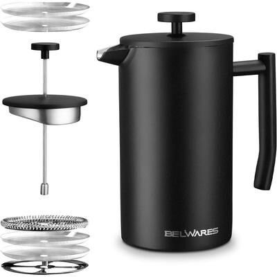 Belwares French Press Coffee Maker - Insulated Coffee Press Stainless Steel 304 - Coffee Spoon, Double Wall, & 4 Level Filtration System