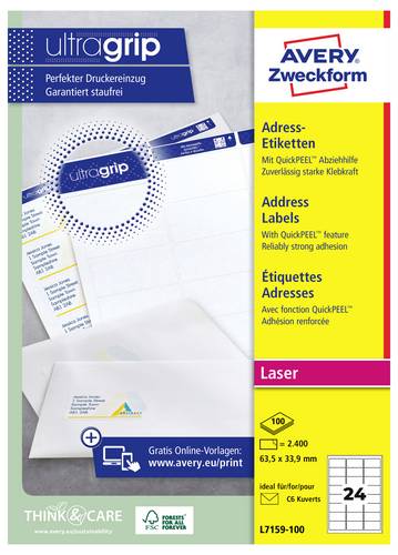 Avery-Zweckform L7159-100 Adress-Etiketten 63.5 x 33.9 mm Papier Weiß 2400 St. Permanent haftend Tintenstrahldrucker, Laserdrucker