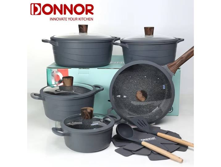 Donnor 15 pièces batterie de cuisine antiadhésive série vague Casserole revêtement en granit ustensiles de cuisine sans fumée