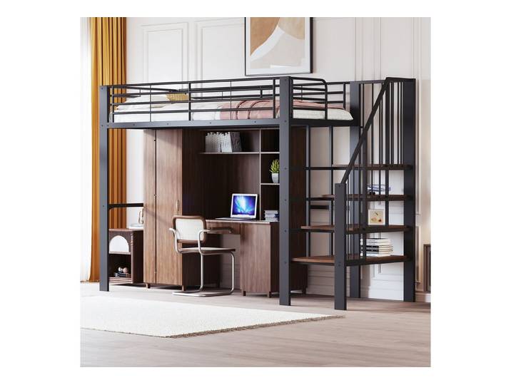 OKWISH Kinderbett Metallbett (mit stabiler Metallkonstruktion, geräumigem Stauraum & integrierter Treppe, 90x200 cm), ohne Matratze