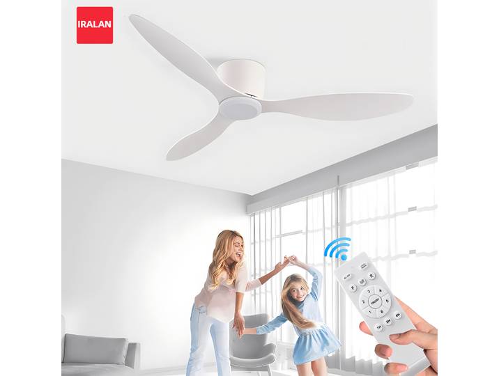 Ventilateur de plafond IRALAN, 42 pouces/52 pouces, sans éclairage, 6 vitesses, fonction de marche/arrêt automatique, idéal pour l’extérieur, la chambre à coucher ou le salon – blanc/noir/imitation