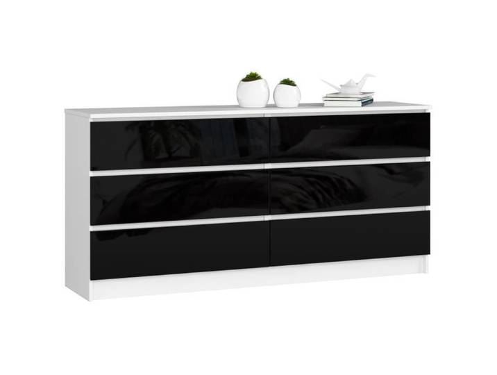 Grande Commode pour le salon AKORD K160 Blanche 160 cm 6 tiroirs façade Noir Brillant 160x40x77 cm