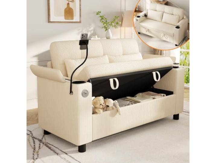 BTM Modernes 2er Sofa mit Stauraum, Getränkehalter, USB/Type-C & Handyhalter Mini Sofa für Wohnzimmer Beige