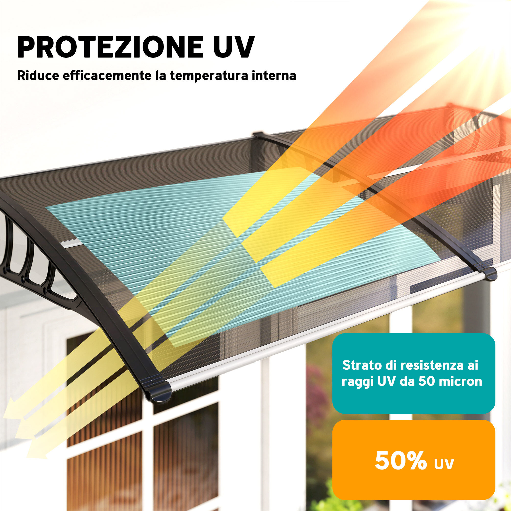 Altro Pensilina Da Esterno Per Finestre E Porte, In Policarbonato E Alluminio, 200x96x27cm, Marrone