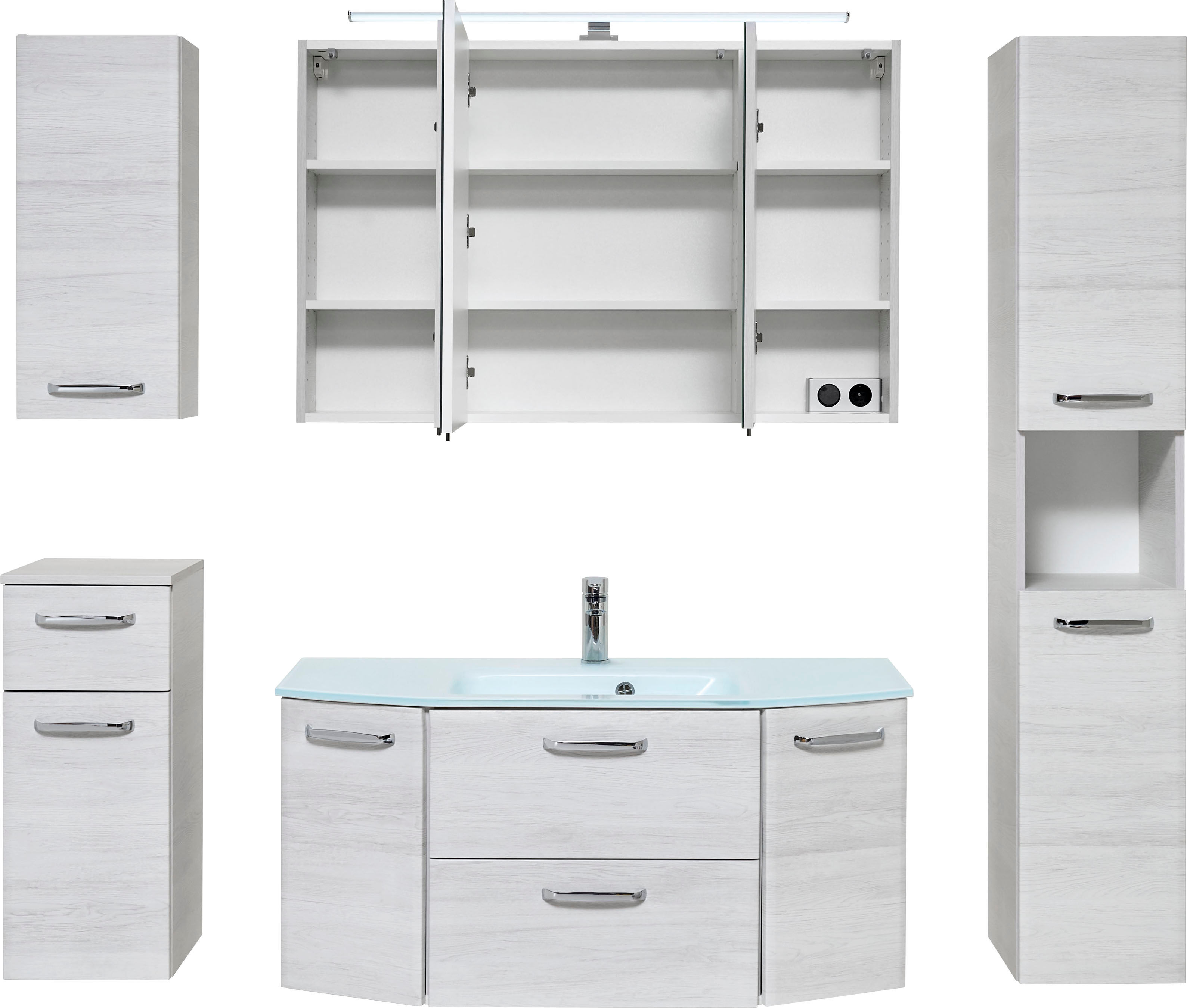 Badmöbel-Set SAPHIR "Quickset 936 5-teilig, mit Glaswaschbecken und LED-Spiegelschrank", weiss (eiche weiß, eiche weiß), Holzwerkstoff, Kastenmöbel-Sets, Badmöbel-Set, Waschplatz, inkl. Türdämpfer, 9 Türen, 1 Klappe, Griffe Chrom Glanz eiche weiß, eiche w