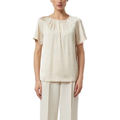 Shirtbluse COMMA, Damen, Gr. 36, vanilla, Web, Obermaterial: 95% Polyester, 5% Elasthan, unifarben, normal hüftbedeckend, Rundhals, gerader Abschluss, Blusen, Sommer-Bluse mit gerafftem Kragen und Cut-out