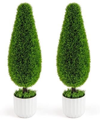 3 FT Artificial Cedar Teardrop Shaped Topiary Tree 2 Pack Potted Décor