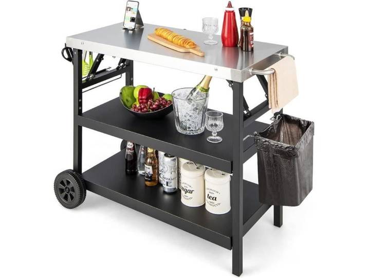 GOPLUS Desserte Jardin 106x52x84cm Chariot de Barbecue Mobile à 3 Niveaux Support Porte-épices Porte-Serviettes Crochets de