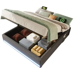 OKWISH Polsterbett 140x200 cm mit LED-Beleuchtung und USB-Anschlüssen – modernes Design und hohe Funktionalität Grau