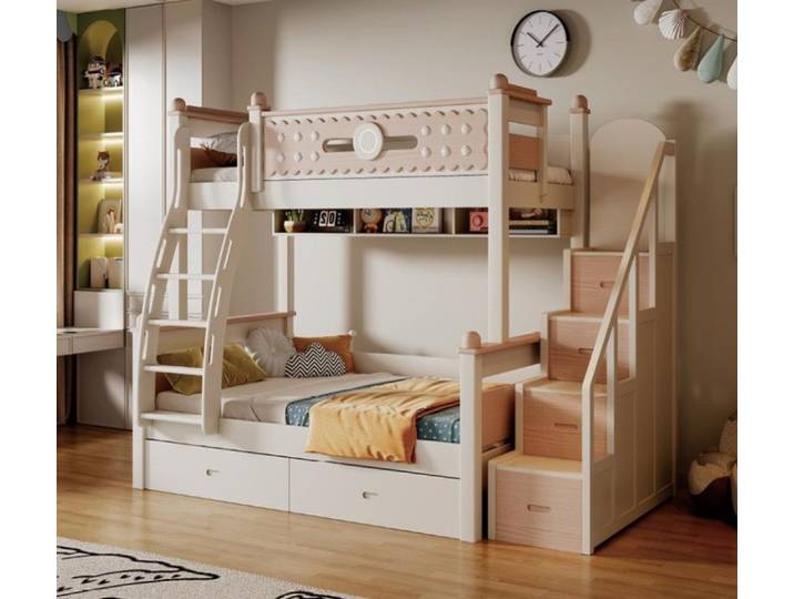 Xlmoebel Etagenbett XLMOEBEL Doppelstockbett aus Holz in Weiß mit Stauraum (Etagenbett, Doppelstockbett mit Stauraum), Made in Europa