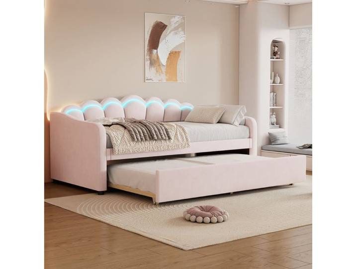 WOVREO Lit banquette 90x200 cm avec lit gigogne LED intégrée velours rose sans matelas