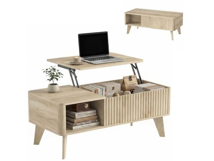 HOMCOM 40 Zoll Couchtisch Lift-Top Flötenmuster mit Ablage Eiche Mid-Century-Modern Couchtisch, verstecktes Fach, offenes Regal, abgerundete Ecken