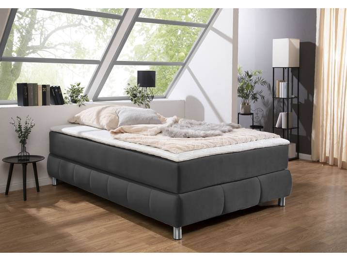 Boxspringbett, Samtoptik, Anthrazit, 126×206 cm, Ohne Kopfteil, Modern, andas