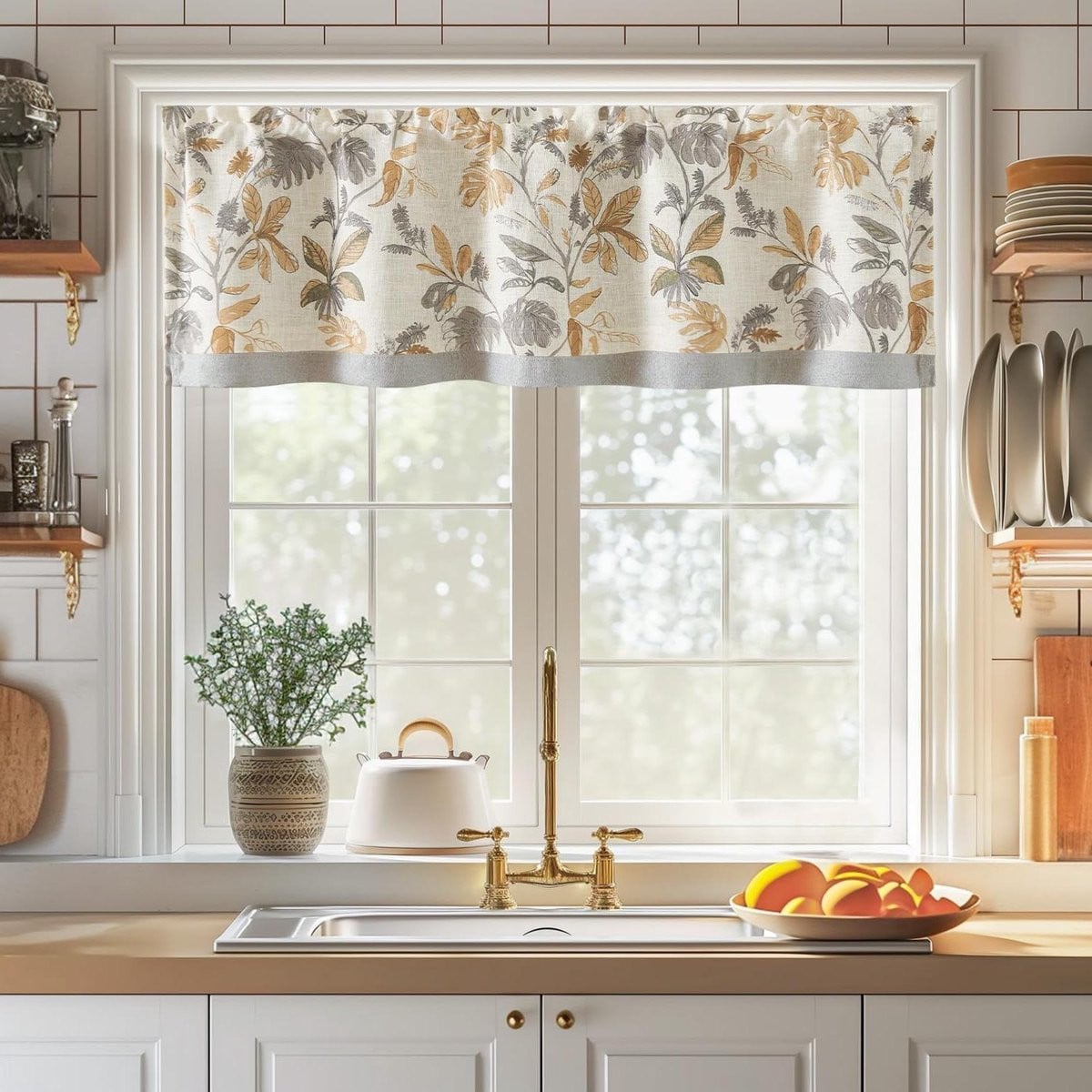 Keukengordijn Valance Korte Vitrage met Linnenlook Bladpatroon - Geel Beige - B/D/H: 125 x 45 cm