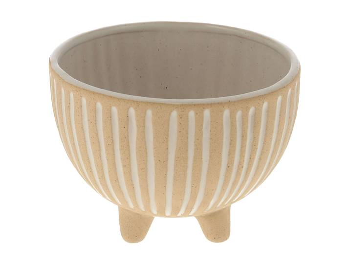 Blumentopf aus Keramik, Keramikschale mit 3D-Design weiss gestreift, beige, 14 x 10 cm