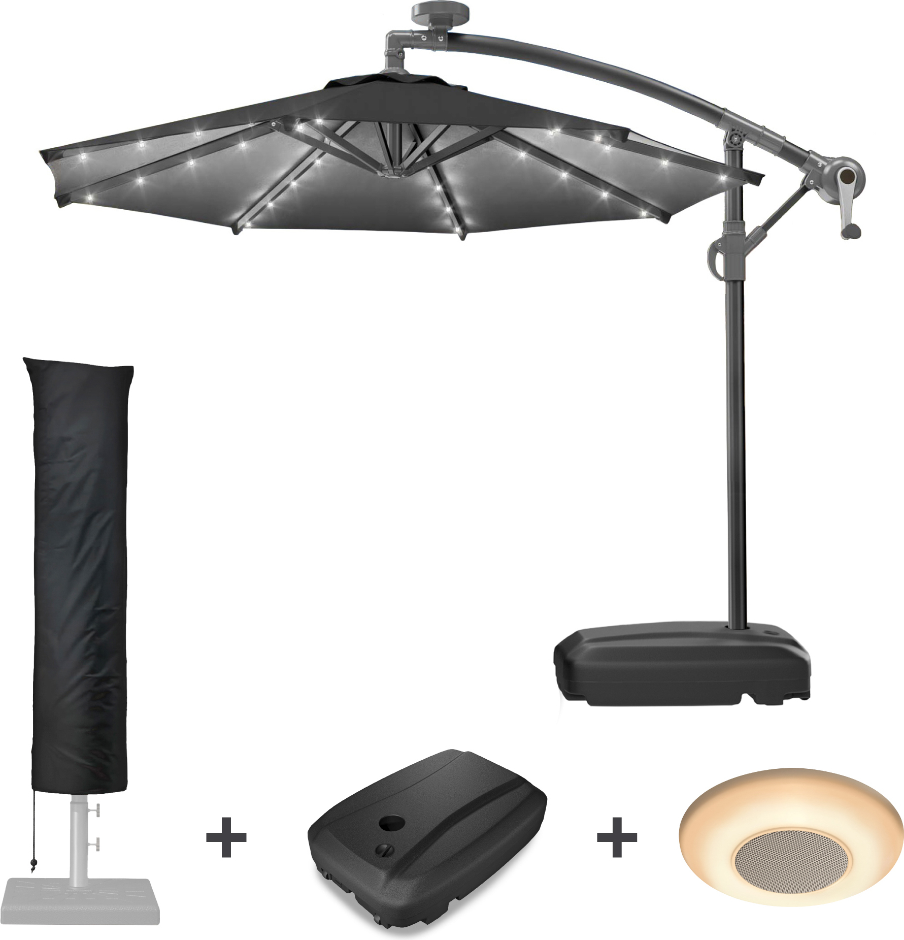 SUNSET | Sonnenschirm | Rund | Ø 300 cm | Schwarz | LED | +Ständer & Hülle | Sonnenschirm, Gartenschirm, Ampelschirm, Balkonschirm