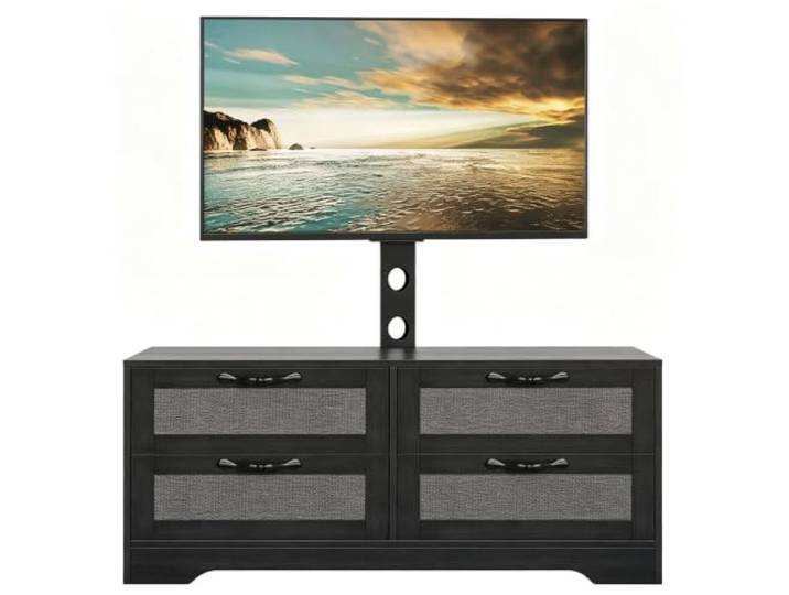 GarveeHome TV-Lowboard 42–70 Zoll Holz 4 Schubladen Rattan Schwarz Höhenverstellbare Halterung, Geflochtene Türen, Große Fächer, Farmhouse-Stil