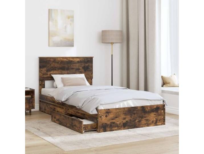 SKTQYQO Bett mit Bettkasten und Kopfteil Eiche Rauchgrau 100 x 200 cm Holztechnik, platzsparende Schubladen, Plattformleisten, einfache Montage