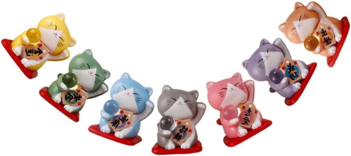 Set van 7 miniatuur kattenbeeldjes in diverse kleuren voor huisdecoratie