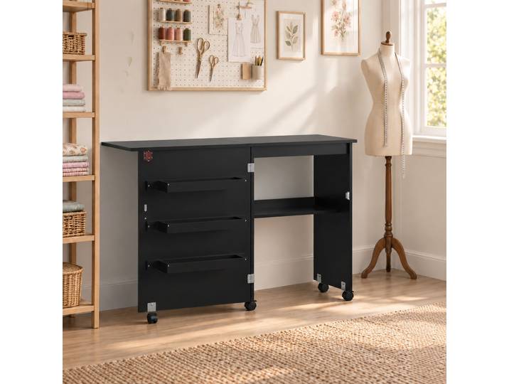 HOMCOM Table Couture Pliante Noir Rangement Étagère Roulettes