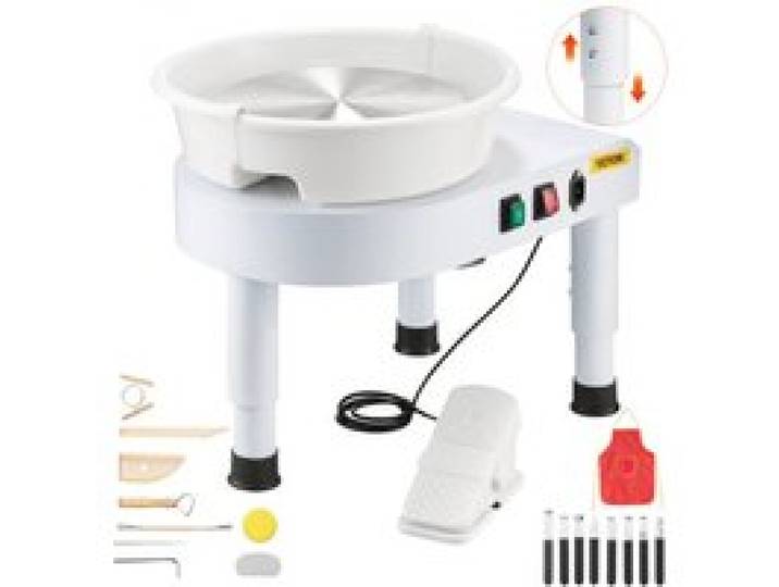 VEVOR Tour de Potier avec Plateau Tournant de 28 cm, Roue de Poterie Vitesse Réglable 60-300 tr/min, avec Pied de Levage Réglable et Bassin Amovible, pour Cours, Bricolage Artisanat Domicile, Blanc