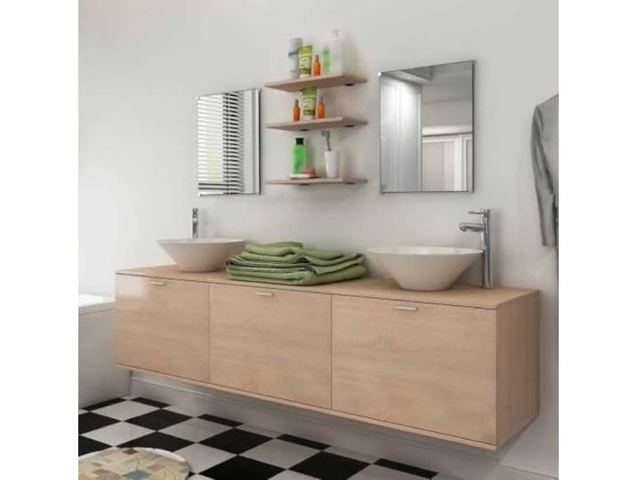 HWKQEQRF 8-TLG. Badmöbel und Waschbecken Set Beige Waschtisch-Wandschrank, 2 Spiegel, 3 Einlegeböden, 2 Keramik-Waschbecken, Pop-up-Ablassschrauben, Montagezubehör