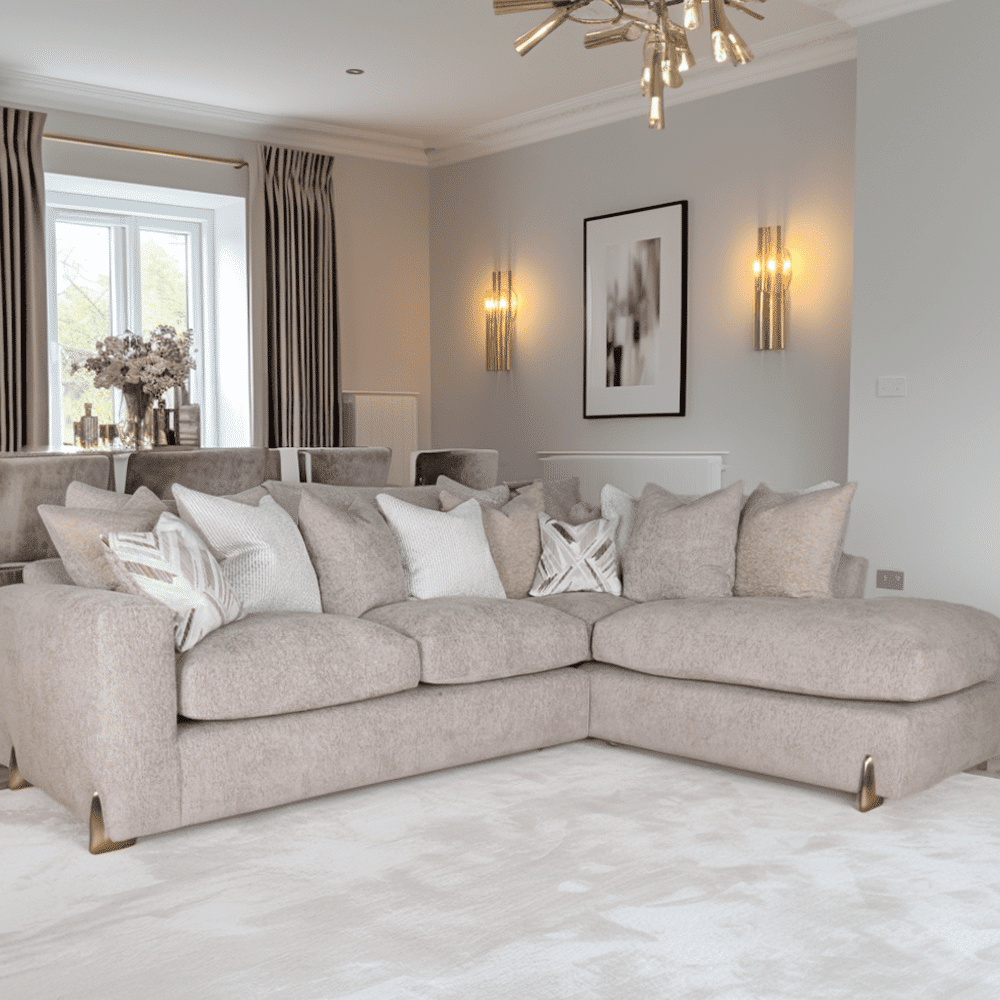 Mila Taupe Soft Textured Sofa Range with Gold Feet, Large Right Hand Facing / Pillow Back