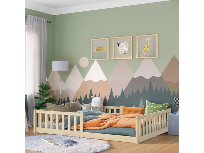 Bellabino Vere Bodenbett 140x200 cm, Massivholz Kiefer, Kleinkindbett Natur Montessori Kinderbett mit Rausfallschutz & Lattenrost, Massivholzbett für Jungen & Mädchen aus Holz Kiefer, Kleinkindbett