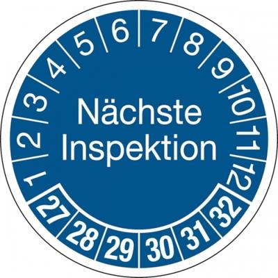 König Werbeanlagen Prüfplakette ab 27, Nächste Inspektion, blau/weiß, Folie, Ø 30 mm - Bogen = 10 Plaketten - 30 mm Folie selbstklebend