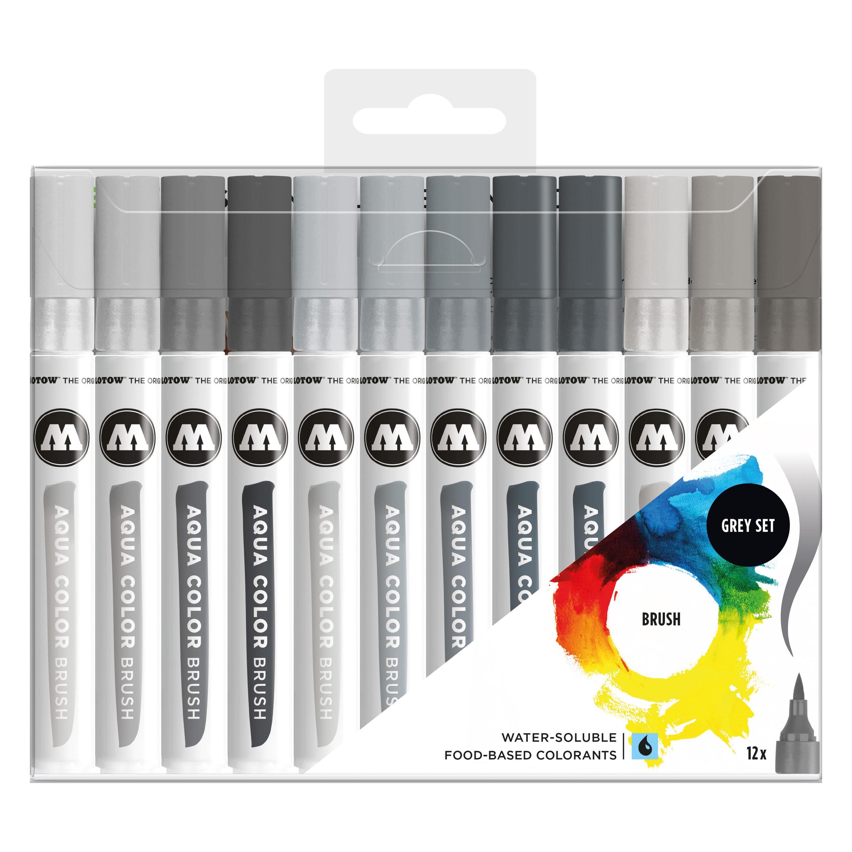 Molotow Aqua Color Brush (Brush Pen Marker Grey-Set, Pinsel Spitze für Aquarellieren und Handletteri (12x) (52-MO200493)