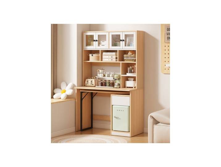 Bureau armoire - Blanc naturel - 180 cm - Espace de rangement polyvalent - Portes en acrylique