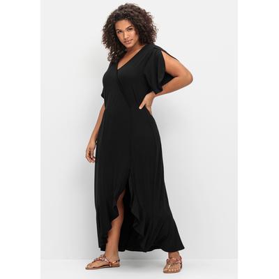 Sommerkleid SHEEGO "Jerseykleid", Damen, Gr. 44, Normalgrößen, schwarz, Jersey, 95% Viskose, 5% Elasthan, unifarben, lang, V-Ausschnitt, Kleider Sommerkleid