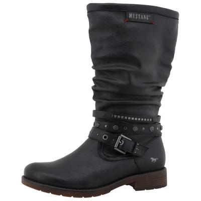 Winterstiefel MUSTANG SHOES "Elfi", Damen, Gr. 40, wärmend, Normalschaft, blau (navy), Lederimitat, Basic, Schuhe Winterstiefel, Stiefel mit Zierriemchen und Blockabsatz