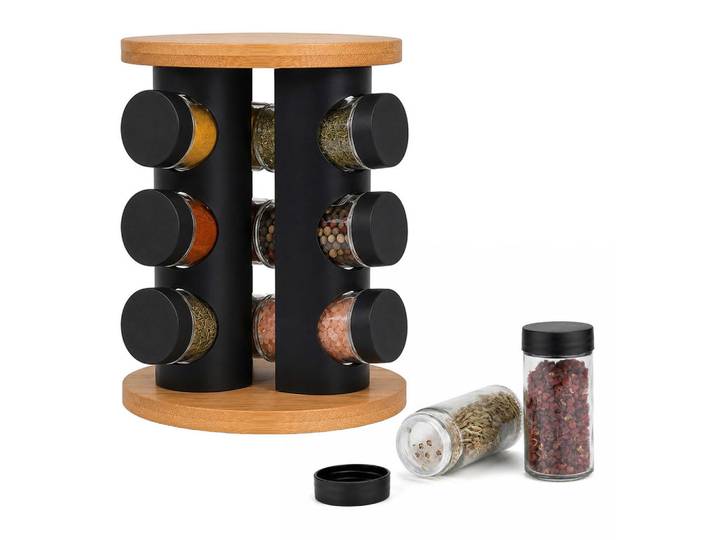 Relaxdays Gewürzkarussell Natur Schwarz Transparent 12er-Set, Mehrfarbig, Holz, Metall, Glas, 19.5x22x19.5 cm, Küchenzubehör, Vorratsbehälter, Gewürzgläser