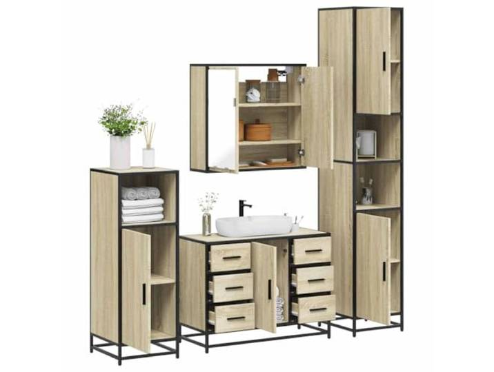 ZQQLVOO 4-TLG. Badmöbel-Set Sonoma-Eiche Holzwerkstoff Wandmontage,Metallgestell,Spiegelschrank,Waschbeckenunterschrank,Lowboard,Öffnung für Waschbecken