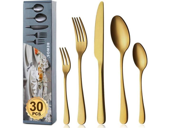 Besteck Set 30-teilig Matt Gold, Goldfarben, Metall, Besteck, Besteck-Sets