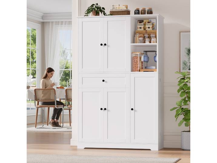Getone Meuble Cuisine Rangement Armoire de Cuisine avec 5 Portes 13 Étagères Buffet Cuisine 1 Tiroir Vaisselier Meuble de Rangement pour Salon Chambre 104x40x173cm Blanc/Noir