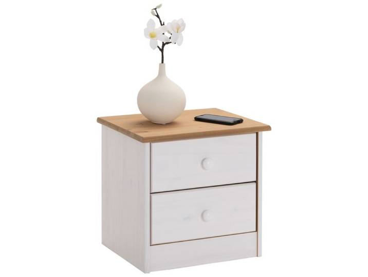 Table de chevet RONDO avec 2 tiroirs table de nuit en pin massif chevet en bois lasuré blanc et brun