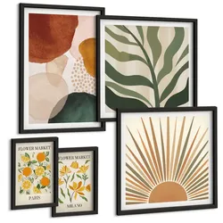 BILDER SET 5er Set - 50x50 cm & 20x30 cm & 40x60 cm Schwarzer Rahmen - Abstrakte Blumenmotive