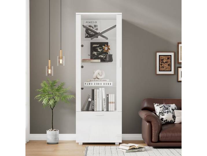 ROVRYN Vitrine LED blanche brillante 50 x 40 x 160 cm porte acrylique 3 étagères en verre trempé