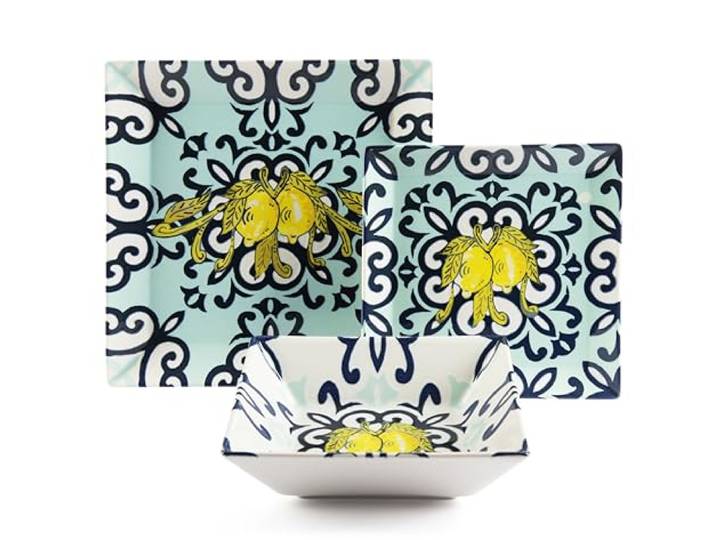 Excelsa Amalfi Tafelservice aus Keramik, quadratisch, 18-teilig, mit Zitronen- und Blumendekor, Blau